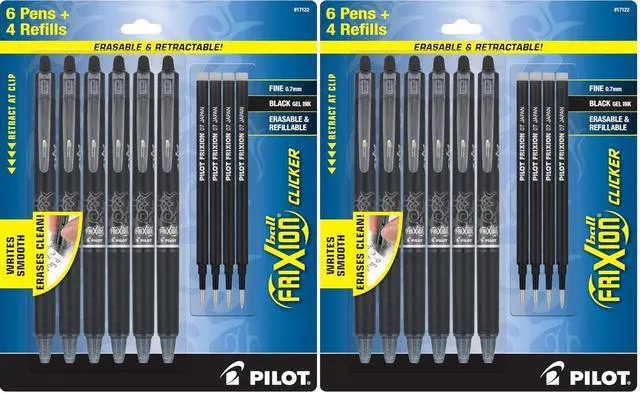 Main image of Frixion Erasable Pens, Fine Point 0.7mm Pack of 12 Black Retractable Ink Pens + 4 Bonus Refills