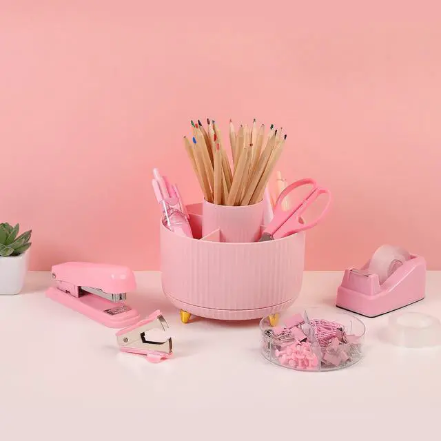 Alt view image 7 of 7 - Pink Office Supplies Set, Pencil Holder for Desk,Gel Pen, Stapler, Tape Dispenser, Scissors,Clips and 1000pcs Staples, Office Decor for Women, Pink Desk Accessories