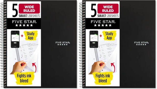 Main image of Spiral Notebook + Study App, 5 Subject, Wide Ruled Paper, 8" x 10-1/2", 200 Sheets, Fights Ink Bleed, Water Resistant Cover, Black (72045) (Pack of 2)