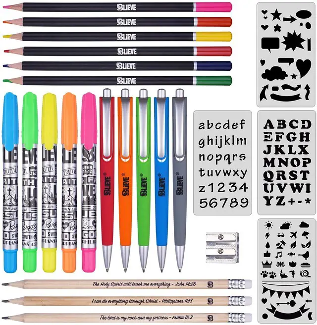 Alt view image 2 of 7 - Bible Journaling Kit With Gel Highlighters And Pens No Bleed, Scripture Markers and Pencils Supplies, Stencils Planner Set For Coloring Journal Art Illustrated By Faith Christian Gifts 24pcs