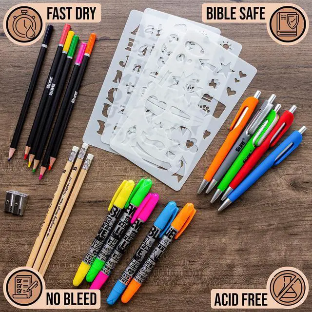 Alt view image 3 of 7 - Bible Journaling Kit With Gel Highlighters And Pens No Bleed, Scripture Markers and Pencils Supplies, Stencils Planner Set For Coloring Journal Art Illustrated By Faith Christian Gifts 24pcs