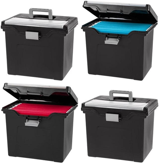 Main image of File Box Organizer with Lid, Letter File, 4-Pack, Black Carry letter size files, documents and paperwork with a portable handle and secure lid for organized storage on the go
