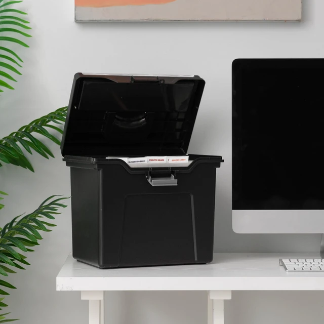 Alt view image 6 of 7 - File Box Organizer with Lid, Letter File, 4-Pack, Black Carry letter size files, documents and paperwork with a portable handle and secure lid for organized storage on the go