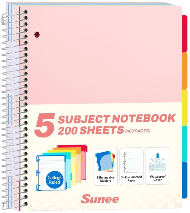 Main image of 5 Subject Notebook College Ruled - 400 Pages, 9"x11", 5 Pocket Colored Dividers, 3-Hole Punched Paper, Pink