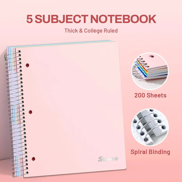 Alt view image 2 of 7 - 5 Subject Notebook College Ruled - 400 Pages, 9"x11", 5 Pocket Colored Dividers, 3-Hole Punched Paper, Pink