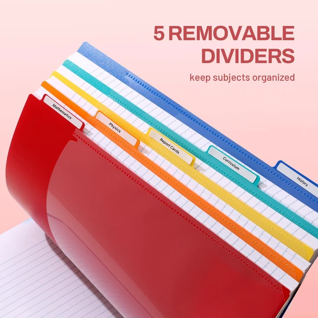 Alt view image 3 of 7 - 5 Subject Notebook College Ruled - 400 Pages, 9"x11", 5 Pocket Colored Dividers, 3-Hole Punched Paper, Pink