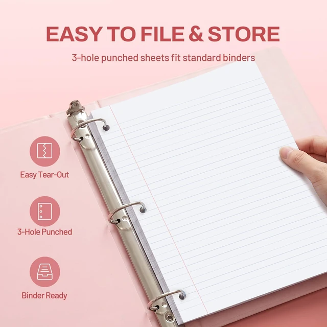 Alt view image 4 of 7 - 5 Subject Notebook College Ruled - 400 Pages, 9"x11", 5 Pocket Colored Dividers, 3-Hole Punched Paper, Pink