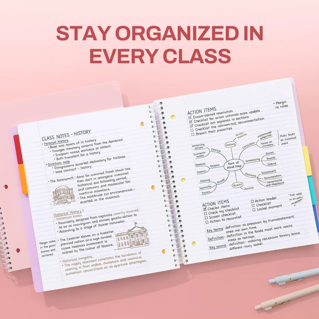 Alt view image 6 of 7 - 5 Subject Notebook College Ruled - 400 Pages, 9"x11", 5 Pocket Colored Dividers, 3-Hole Punched Paper, Pink