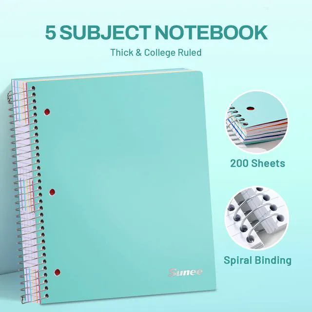 Alt view image 2 of 7 - 5 Subject Notebook College Ruled - 400 Pages, 9"x11", 5 Pocket Colored Dividers, 3-Hole Punched Paper, Teal