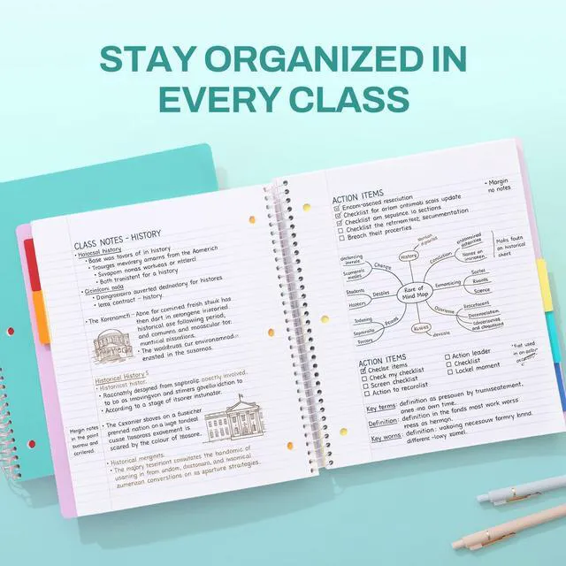 Alt view image 6 of 7 - 5 Subject Notebook College Ruled - 400 Pages, 9"x11", 5 Pocket Colored Dividers, 3-Hole Punched Paper, Teal