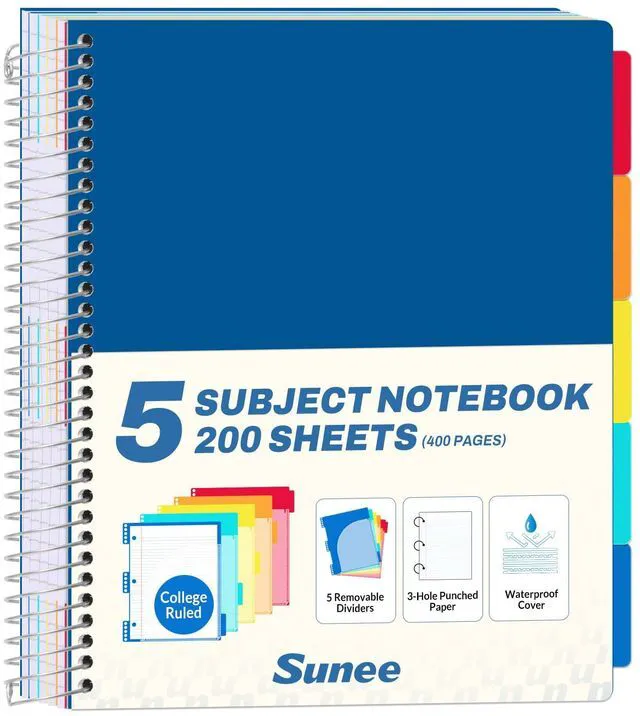 Main image of 5 Subject Notebook College Ruled - 400 Pages, 9"x11", 5 Pocket Colored Dividers, 3-Hole Punched Paper, Dark Blue