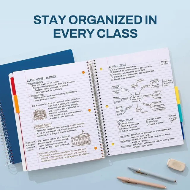 Alt view image 6 of 7 - 5 Subject Notebook College Ruled - 400 Pages, 9"x11", 5 Pocket Colored Dividers, 3-Hole Punched Paper, Dark Blue