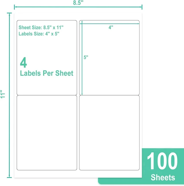 Main image of L LIKED 4"x5" Matte Printable Bulk Address Stickers 400 Labels 100 Sheets White, self-adhesive, strong adhesive, laser/inkjet compatible, 4 per sheet, bulk for shipping & organizing