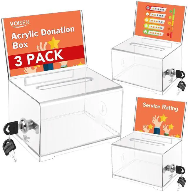 Main image of Clear Donation Box with Lock,3 Pack Tip Jarwith Sign Holder Suggestion Box for Fundraising, Voting Boxes with Slot for School,Conference, Cash Box for Farm Stand, 6.2x4.6x3.9 Inch