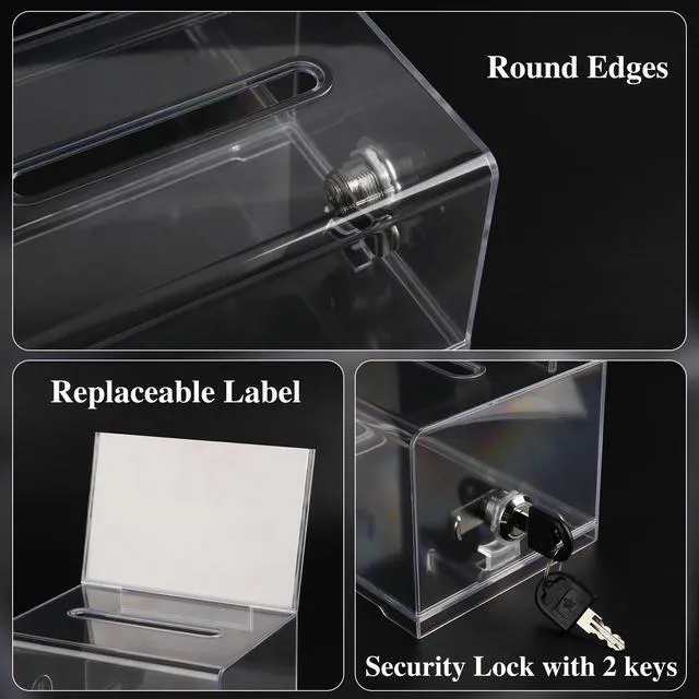 Alt view image 3 of 6 - Clear Donation Box with Lock,3 Pack Tip Jarwith Sign Holder Suggestion Box for Fundraising, Voting Boxes with Slot for School,Conference, Cash Box for Farm Stand, 6.2x4.6x3.9 Inch