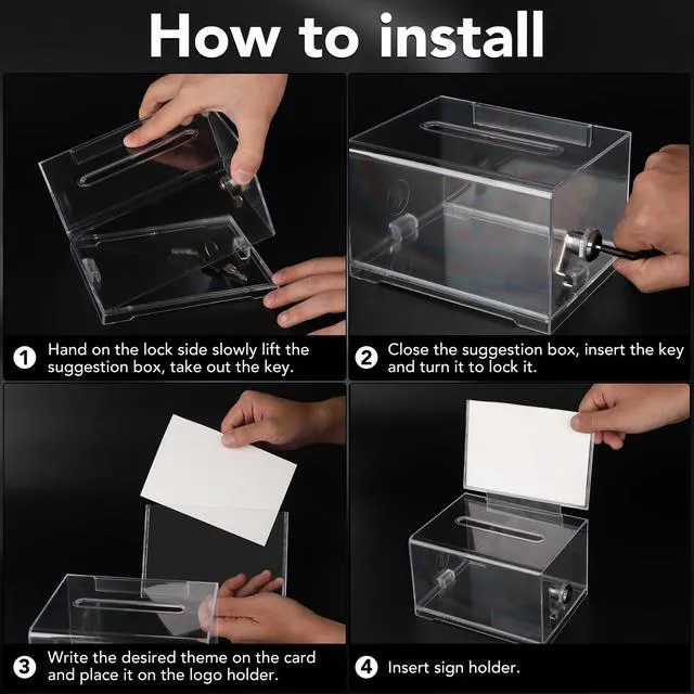 Alt view image 4 of 6 - Clear Donation Box with Lock,3 Pack Tip Jarwith Sign Holder Suggestion Box for Fundraising, Voting Boxes with Slot for School,Conference, Cash Box for Farm Stand, 6.2x4.6x3.9 Inch
