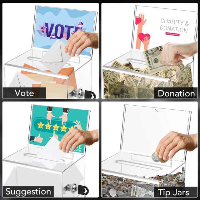 Alt view image 5 of 6 - Clear Donation Box with Lock,3 Pack Tip Jarwith Sign Holder Suggestion Box for Fundraising, Voting Boxes with Slot for School,Conference, Cash Box for Farm Stand, 6.2x4.6x3.9 Inch