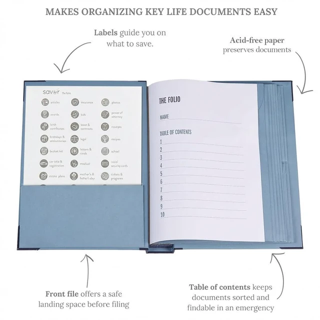 Alt view image 3 of 7 - The Folio® Important Document Organizer by | Binder with Guided Labels, Acid-Free File Folder Organizer with 10 Pockets, Document Holder for Home Records, Legal and Medical Papers (Slate/Blue)