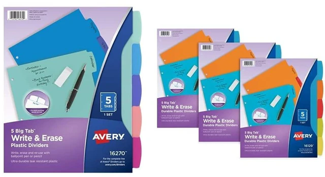 Main image of Durable Plastic 5-Tab Write & Erase Big Tab Dividers for 3 Ring Binders, Pastel Brights (16270) & Big Tab Write & Erase Durable Plastic Dividers, 5-Tab Set, Multicolor Brights, 3 Sets (21212)