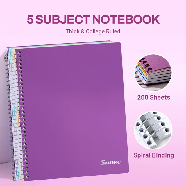 Alt view image 2 of 7 - 5 Subject Notebook College Ruled - 400 Pages, 9"x11", 5 Pocket Colored Dividers, 3-Hole Punched Paper, Dark Purple
