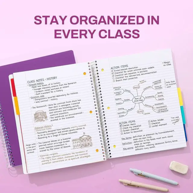 Alt view image 6 of 7 - 5 Subject Notebook College Ruled - 400 Pages, 9"x11", 5 Pocket Colored Dividers, 3-Hole Punched Paper, Dark Purple