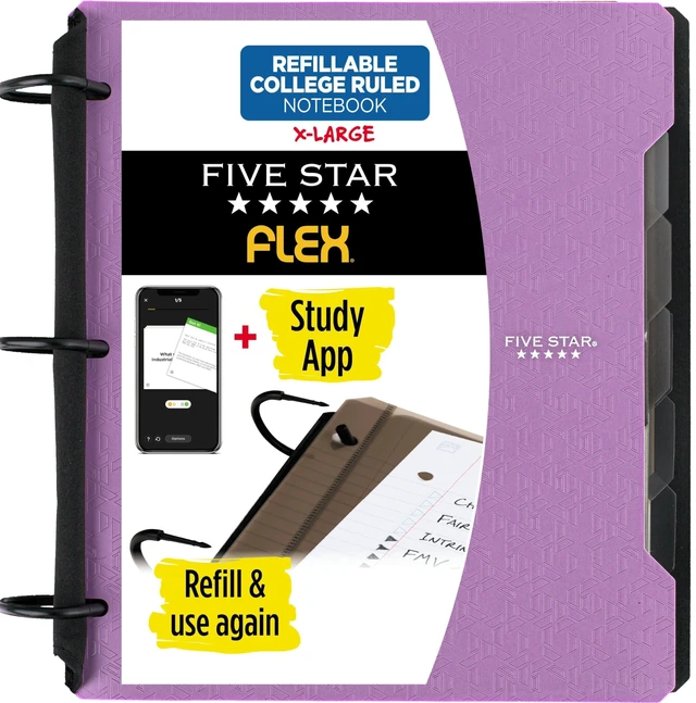 Main image of Flex Refillable Notebook + Study App, College Ruled Paper and 1-1/2 Inch TechLock Ring Binder with Pockets, Tabs and Dividers, 300 Sheet Capacity, Amethyst Purple (29324AB6)