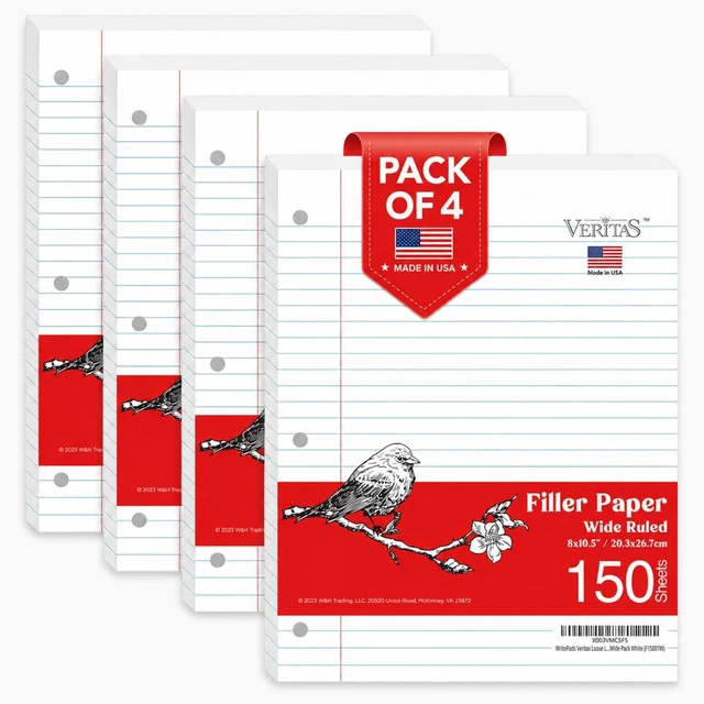 Main image of Wide Ruled Loose Leaf Paper 600 Sheets, 4 Pack Bulk Notebook Paper, 8"x10.5" 3 Hole Punched Binder Fitter Paper, Fits Standard 3-Ring Binders, Ink Bleed Resistant, Made in USA