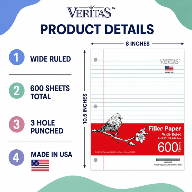 Alt view image 2 of 7 - Wide Ruled Loose Leaf Paper 600 Sheets, 4 Pack Bulk Notebook Paper, 8"x10.5" 3 Hole Punched Binder Fitter Paper, Fits Standard 3-Ring Binders, Ink Bleed Resistant, Made in USA
