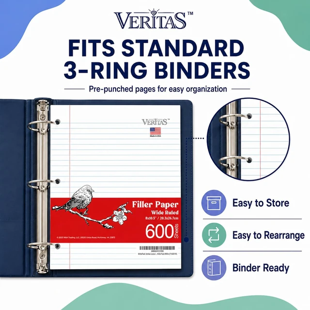 Alt view image 4 of 7 - Wide Ruled Loose Leaf Paper 600 Sheets, 4 Pack Bulk Notebook Paper, 8"x10.5" 3 Hole Punched Binder Fitter Paper, Fits Standard 3-Ring Binders, Ink Bleed Resistant, Made in USA