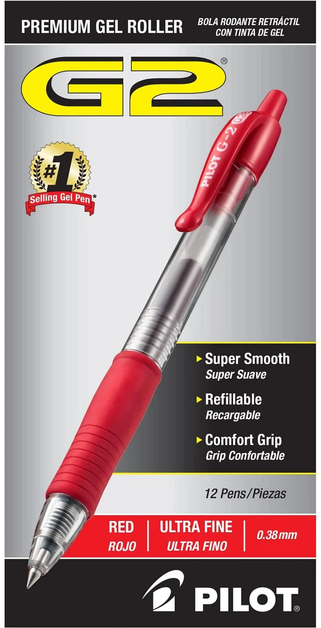 Main image of G2 Gel Roller Pens, Ultra Fine Point 0.38 mm, Red Pens, Pack of 12