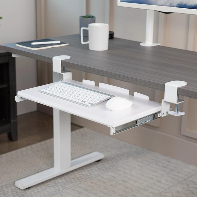 Alt view image 2 of 7 - White Clamp-on 20 x 11 in Keyboard Tray, MOUNT-KB05ES-W Small Under Desk Keyboard & Mouse Tray for Typing, Slide Out Platform, Extra Sturdy C-Clamp Mount System, Computer Drawer
