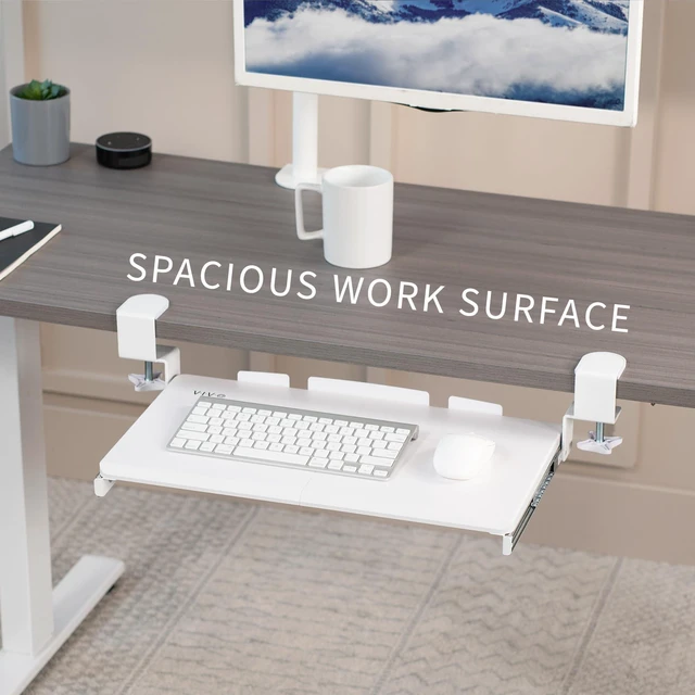Alt view image 6 of 7 - White Clamp-on 20 x 11 in Keyboard Tray, MOUNT-KB05ES-W Small Under Desk Keyboard & Mouse Tray for Typing, Slide Out Platform, Extra Sturdy C-Clamp Mount System, Computer Drawer
