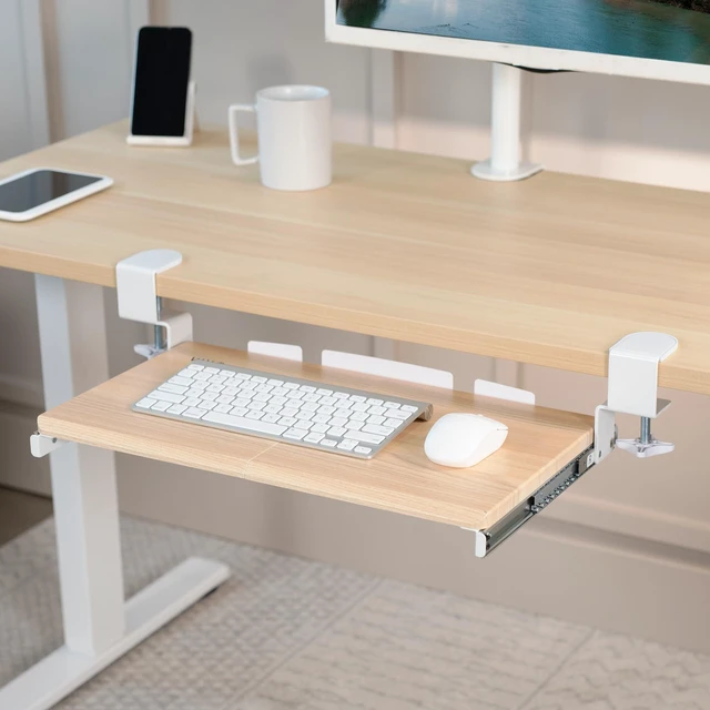 Alt view image 2 of 7 - Light Wood Clamp-on 20 x 11 in Keyboard Tray, MOUNT-KB05ES-A Small Under Desk Keyboard & Mouse Tray for Typing, Slide Out Platform, Extra Sturdy C-Clamp Mount System, Computer Drawer