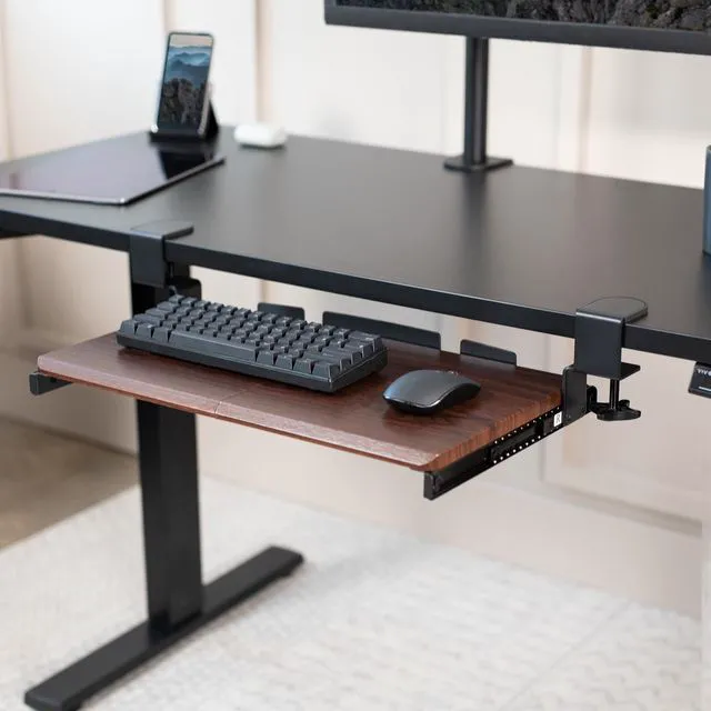 Alt view image 2 of 7 - Dark Walnut Clamp-on 20 x 11 in Keyboard Tray, MOUNT-KB05ES-D Small Under Desk Keyboard & Mouse Tray for Typing, Slide Out Platform, Extra Sturdy C-Clamp Mount System, Computer Drawer