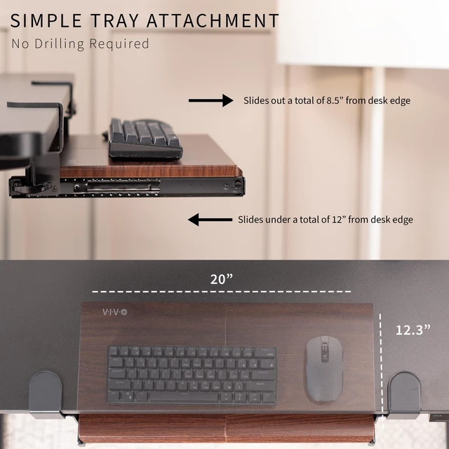 Alt view image 6 of 7 - Dark Walnut Clamp-on 20 x 11 in Keyboard Tray, MOUNT-KB05ES-D Small Under Desk Keyboard & Mouse Tray for Typing, Slide Out Platform, Extra Sturdy C-Clamp Mount System, Computer Drawer