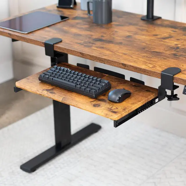 Alt view image 2 of 7 - Vintage Brown Clamp-on 20 x 11 in Keyboard Tray, MOUNT-KB05ES-N Small Under Desk Keyboard & Mouse Tray for Typing, Slide Out Platform, Extra Sturdy C-Clamp Mount System, Computer Drawer