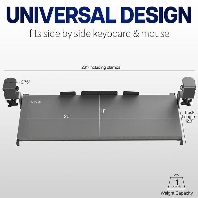 Alt view image 5 of 7 - White Clamp-on 20 x 11 in Keyboard Tray, MOUNT-KB05ES-W Small Under Desk Keyboard & Mouse Tray for Typing, Slide Out Platform, Extra Sturdy C-Clamp Mount System, Computer Drawer