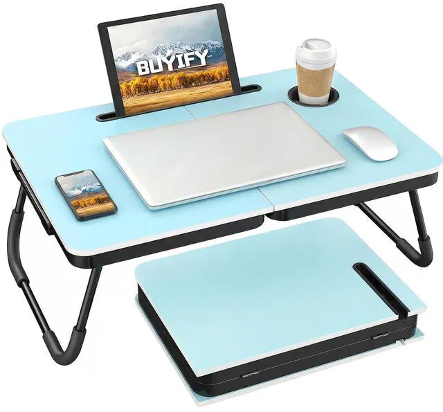 Main image of 23.4" Foldable Lap Desk Bed Table with Cup Holder Tray Blue Portable Folds Flat for Easy Storage, No Assembly Laptop Bed Desk, Sturdy and Lightweight, Patent Design