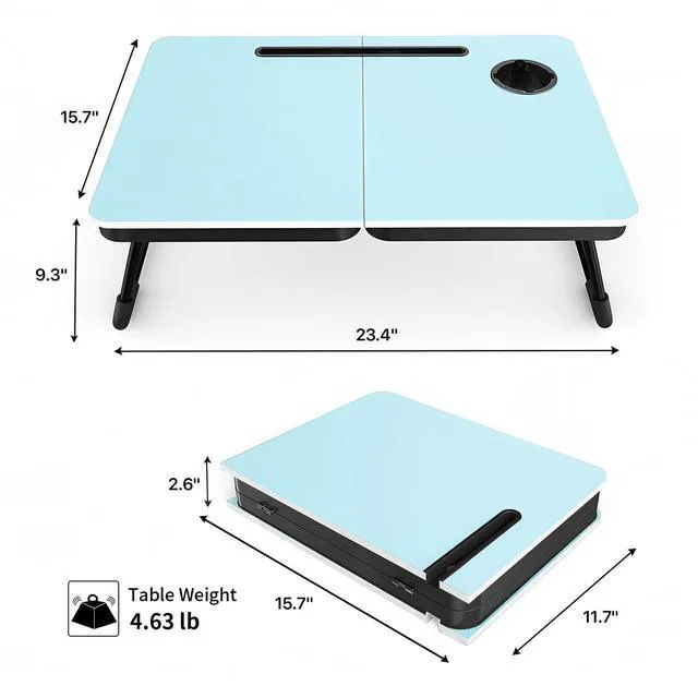 Alt view image 2 of 6 - 23.4" Foldable Lap Desk Bed Table with Cup Holder Tray Blue Portable Folds Flat for Easy Storage, No Assembly Laptop Bed Desk, Sturdy and Lightweight, Patent Design