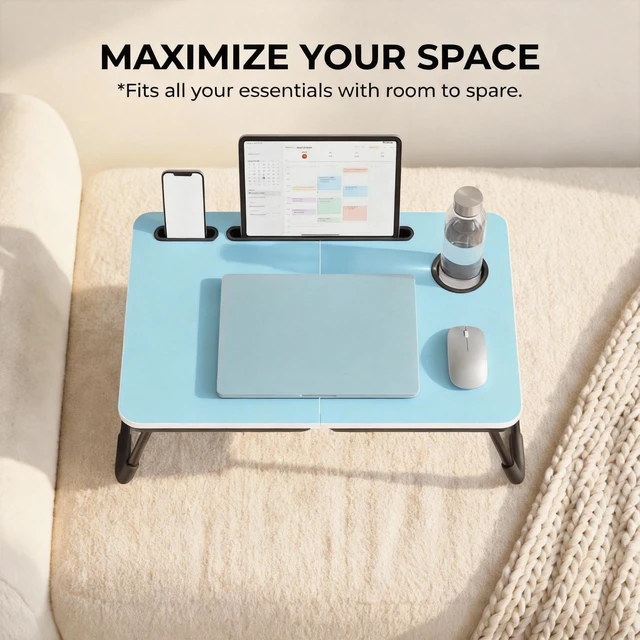 Alt view image 3 of 6 - 23.4" Foldable Lap Desk Bed Table with Cup Holder Tray Blue Portable Folds Flat for Easy Storage, No Assembly Laptop Bed Desk, Sturdy and Lightweight, Patent Design