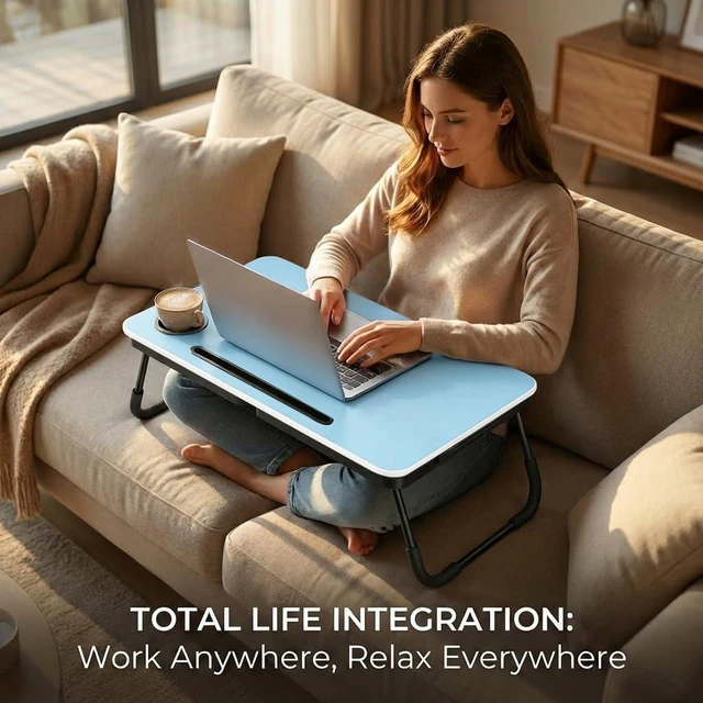 Alt view image 4 of 6 - 23.4" Foldable Lap Desk Bed Table with Cup Holder Tray Blue Portable Folds Flat for Easy Storage, No Assembly Laptop Bed Desk, Sturdy and Lightweight, Patent Design