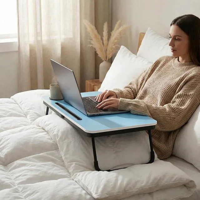 Alt view image 6 of 6 - 23.4" Foldable Lap Desk Bed Table with Cup Holder Tray Blue Portable Folds Flat for Easy Storage, No Assembly Laptop Bed Desk, Sturdy and Lightweight, Patent Design