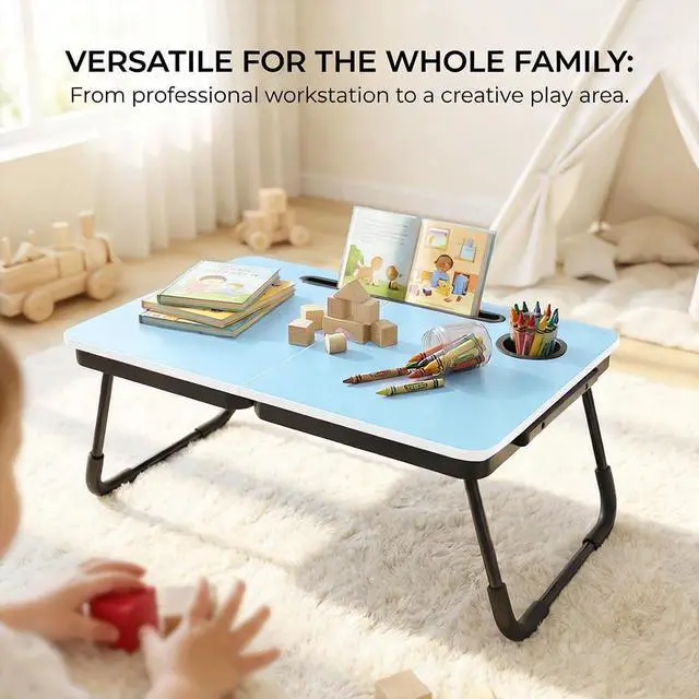 Alt view image 5 of 6 - 23.4" Foldable Lap Desk Bed Table with Cup Holder Tray Blue Portable Folds Flat for Easy Storage, No Assembly Laptop Bed Desk, Sturdy and Lightweight, Patent Design