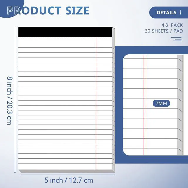 Alt view image 2 of 7 - 5" x 8" Note Pads 48 Pack of Legal Pads 30 Sheets Notepad College Ruled Small Writing Pads Perforated Pages Paper Pads 80GSM Heavyweight Paper Note Pads for Home, Office, or School