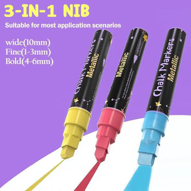 Alt view image 3 of 6 - Window Chalk Markers for Cars Glass Washable, 8 Colors Metallic Jumbo Liquid Chalk Marker Pens with 10mm 3 in 1 Nib Wide Tip, Chalkboard Markers Car Window Paint Pen for Auto, Mirror, Poster