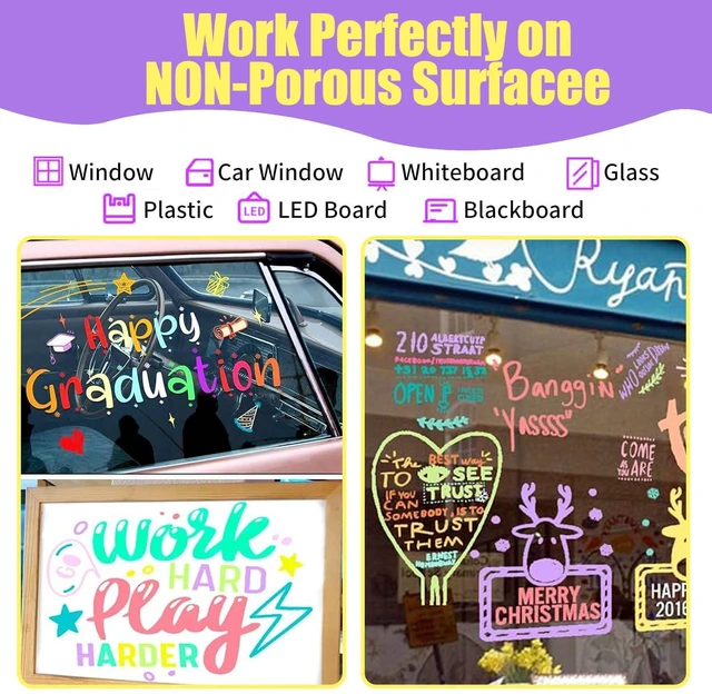 Alt view image 5 of 6 - Window Chalk Markers for Cars Glass Washable, 8 Colors Metallic Jumbo Liquid Chalk Marker Pens with 10mm 3 in 1 Nib Wide Tip, Chalkboard Markers Car Window Paint Pen for Auto, Mirror, Poster