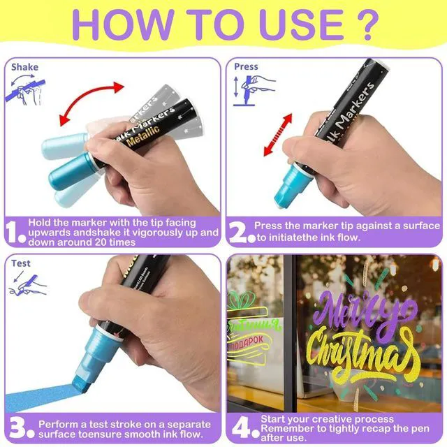 Alt view image 6 of 6 - Window Chalk Markers for Cars Glass Washable, 8 Colors Metallic Jumbo Liquid Chalk Marker Pens with 10mm 3 in 1 Nib Wide Tip, Chalkboard Markers Car Window Paint Pen for Auto, Mirror, Poster