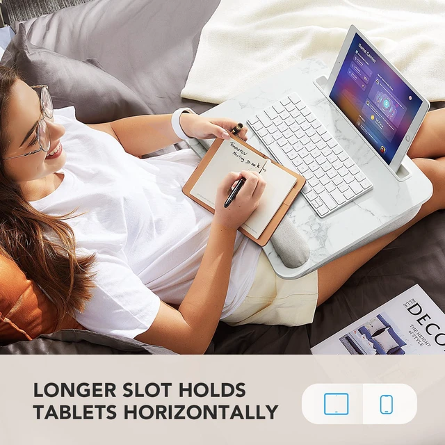 Alt view image 4 of 7 - Laptop Lap Desk with Cushion, Fit up to 15.6" Laptop, Marble Portable Lap Desk with Pillow Cushion, Anti-Slip Strip & Storage Function for Home Office Students as Computer Laptop Stand