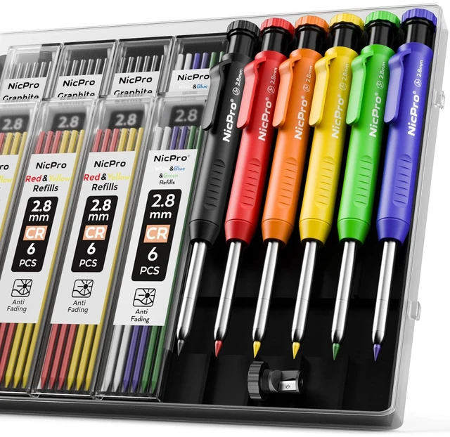 Main image of 6 Pack Carpenter Pencil with Sharpener, Mechanical Carpenter Pencils 48 Refills, Deep Hole Marker Construction Pencil, Heavy Duty Woodworking -With Case (Black,Red,Yellow,Blue,Green,White)