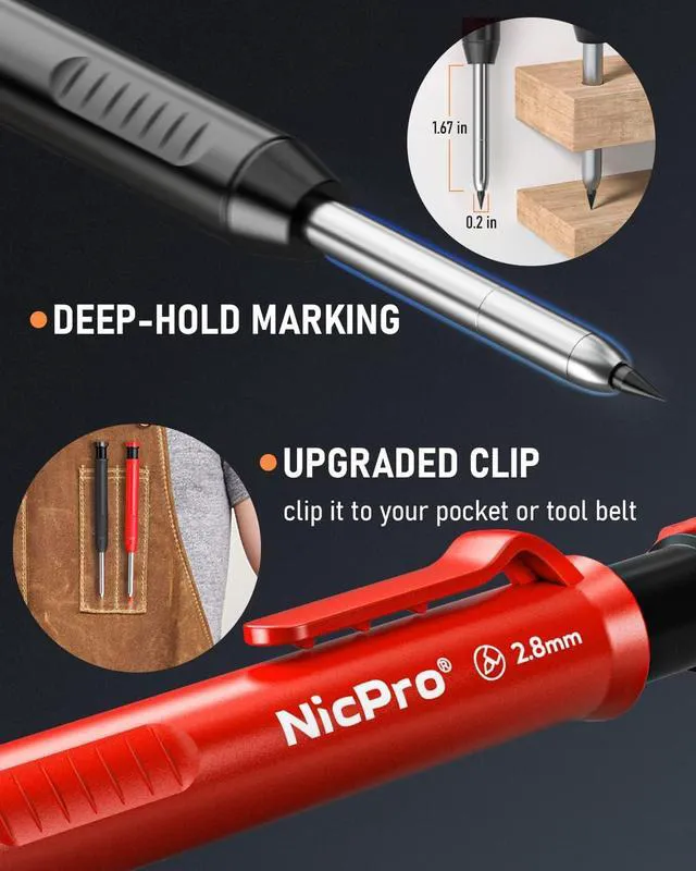 Alt view image 2 of 6 - 6 Pack Carpenter Pencil with Sharpener, Mechanical Carpenter Pencils 48 Refills, Deep Hole Marker Construction Pencil, Heavy Duty Woodworking -With Case (Black,Red,Yellow,Blue,Green,White)